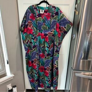 Vintage Hilo Hattie Hawaiian Kimono Style Kaftan Dress Tropical Floral One Size